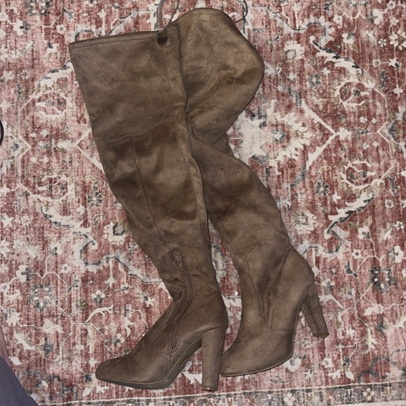 Pleather Over Knee Thigh High Boots Thick Heels Back Lace-Up SNIVY beige - Picture 4 of 4